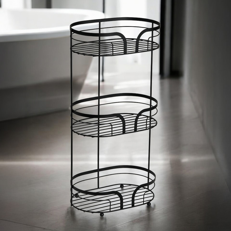 image 1 of Showerdrape Dante Black Freestanding Floor Caddy and 2 Tier Over Door Hook Shower Caddy | Black | Black | 1