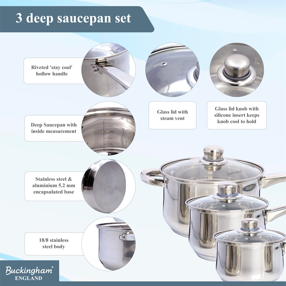 image 1 of Buckingham Set of 3 Saucepans Stainless Steel Handles | Silver