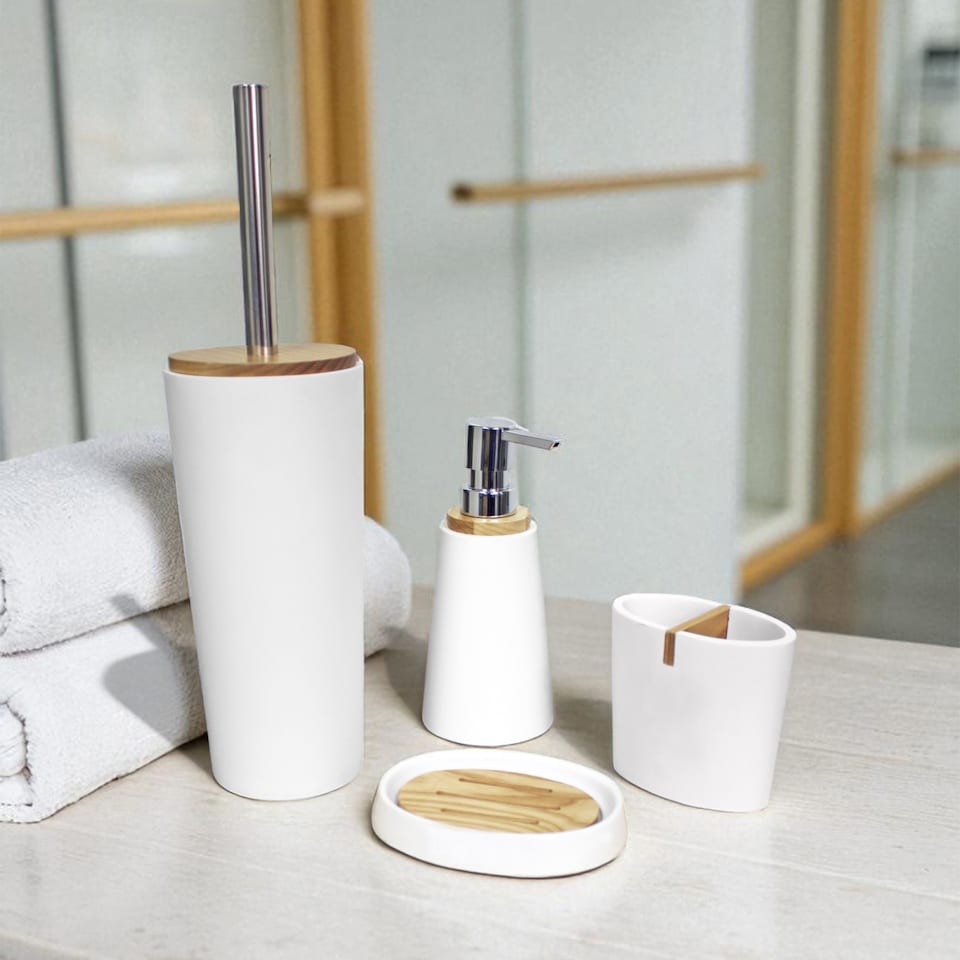 image 1 of Showerdrape Sonata White & Bamboo 4 Piece Bathroom Accessory Set | White | White | 1