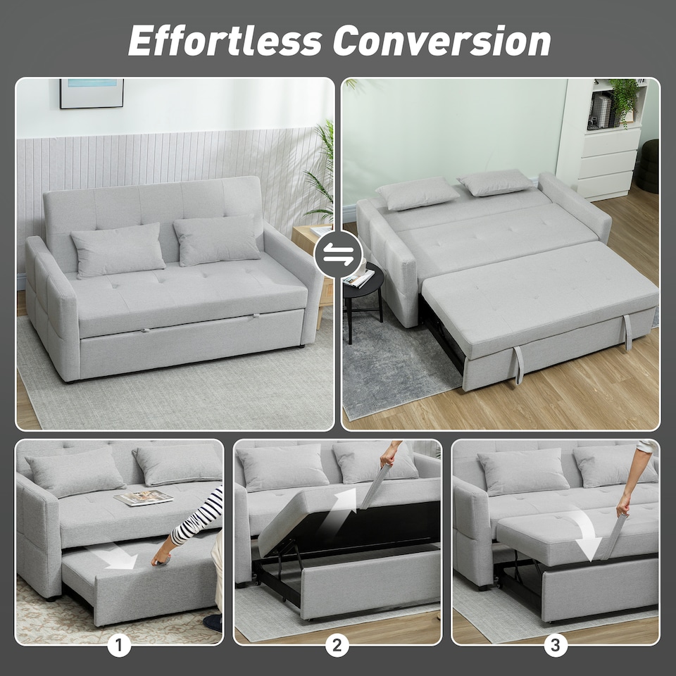 image 1 of HOMCOM 2 Seater Sofa Bed, Convertible Pull Out Bed Settee, Light Grey