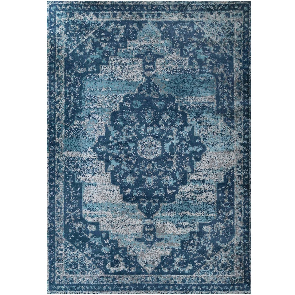 image 1 of KUKOON Navy Blue Traditional Medallion Bordered Living Area Rug 80cm x 150cm | Blue