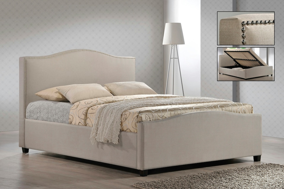 Chrome Studded Sand Fabric Side Ottoman Style Bed Frame - Double 4ft 6"