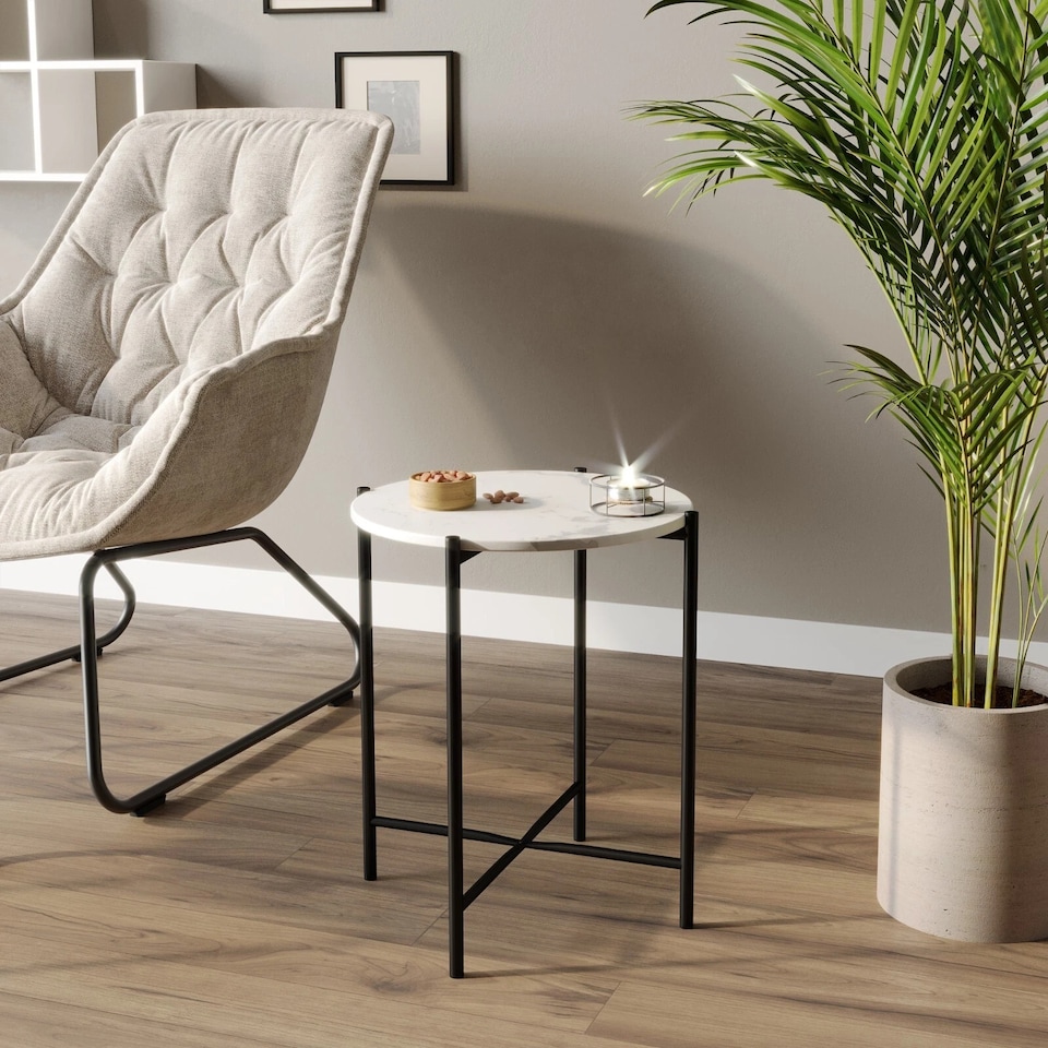 image 1 of Set of 2 Pcs Marble Effect Tops Square Round Side End Coffee Table Metal Frame | White | White Round | 1