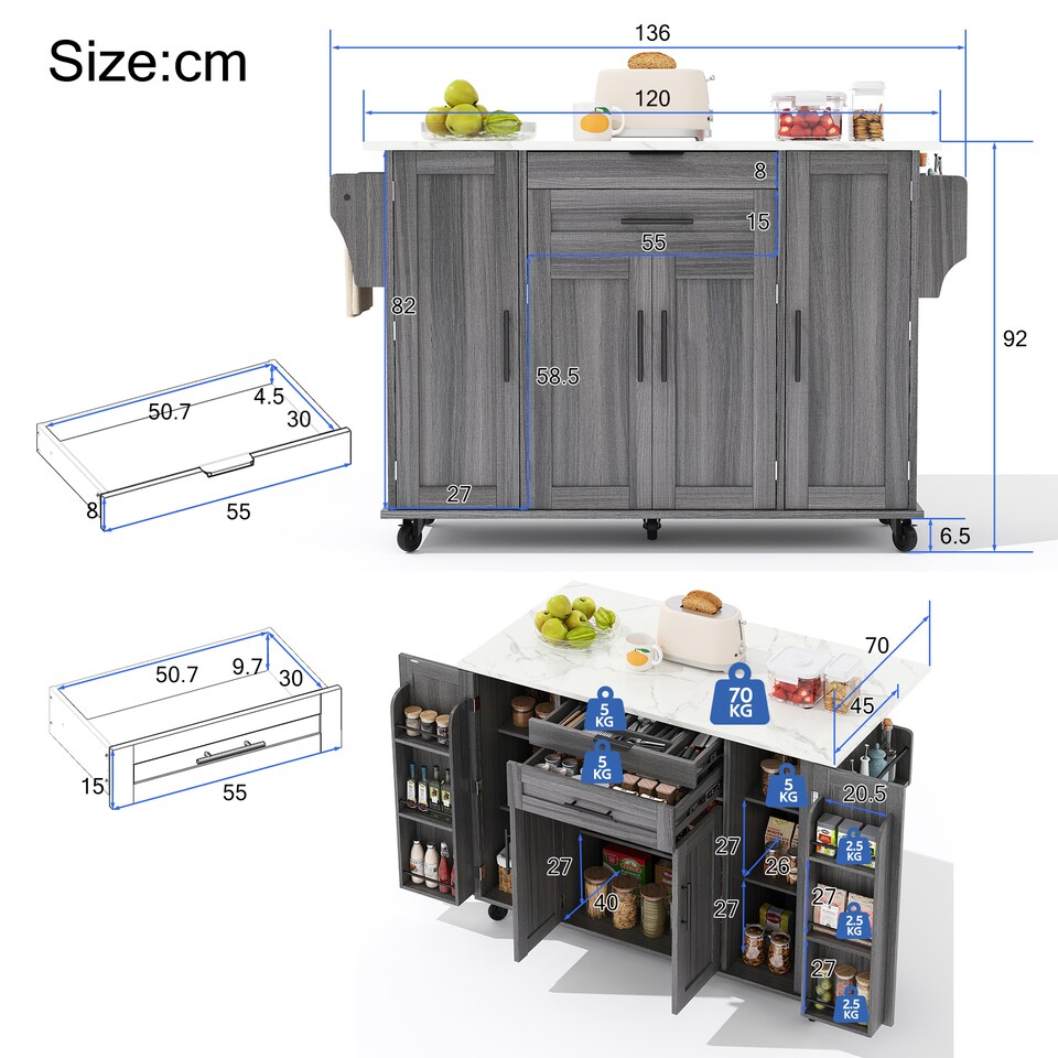 image 1 of VILUXE Mobile Kitchen Island with Foldable Worktop, Hidden Cutlery Drawer, Large Drawer, Adjustable Shelves, Door Racks, Towel Rack, Spice Rack and 5 Wheels, Grey