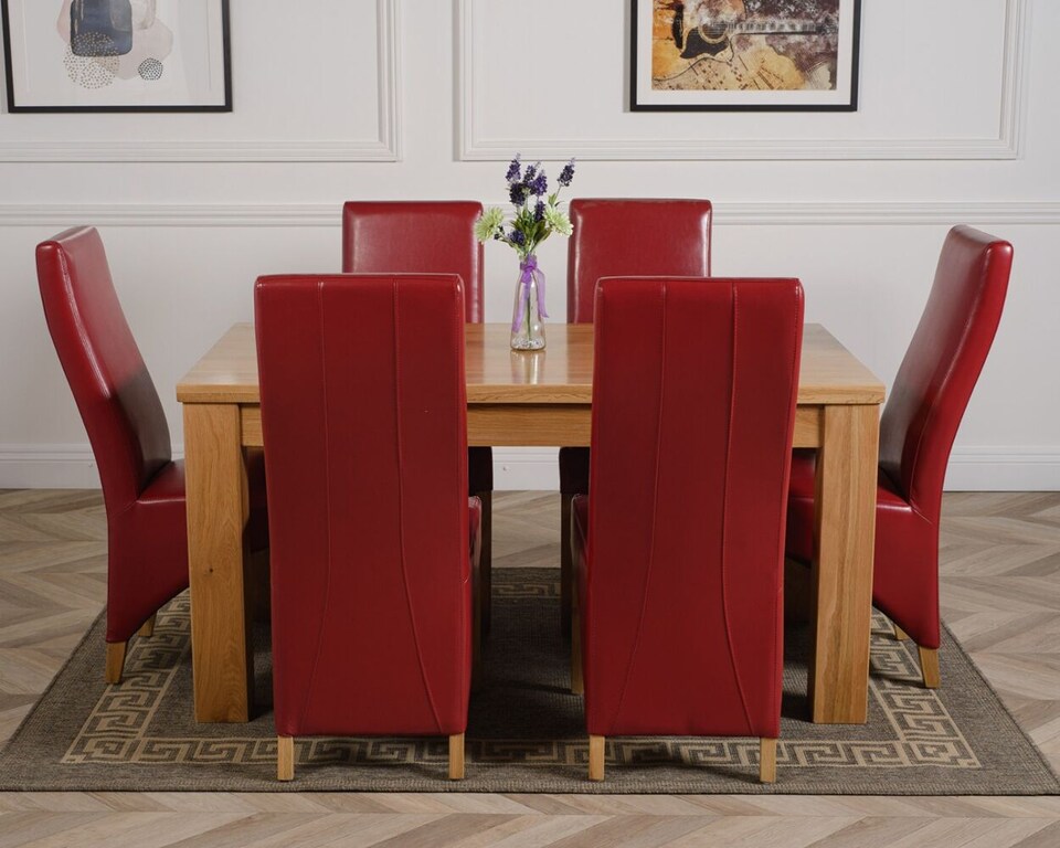 image 1 of Dakota 152 x 87cm Medium Oak Dining Table and 6 Lola Leather Chairs | Red | Red