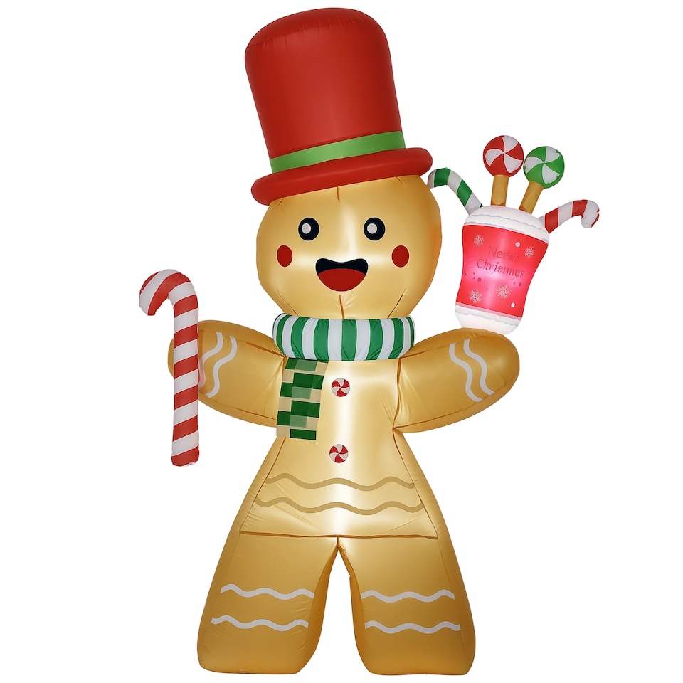image 1 of HOMCOM 7.5ft Christmas Inflatable Gingerbread Man with Candy Cane and LED Lights, Blow-Up Outdoor LED Garden Display for Lawn, Party