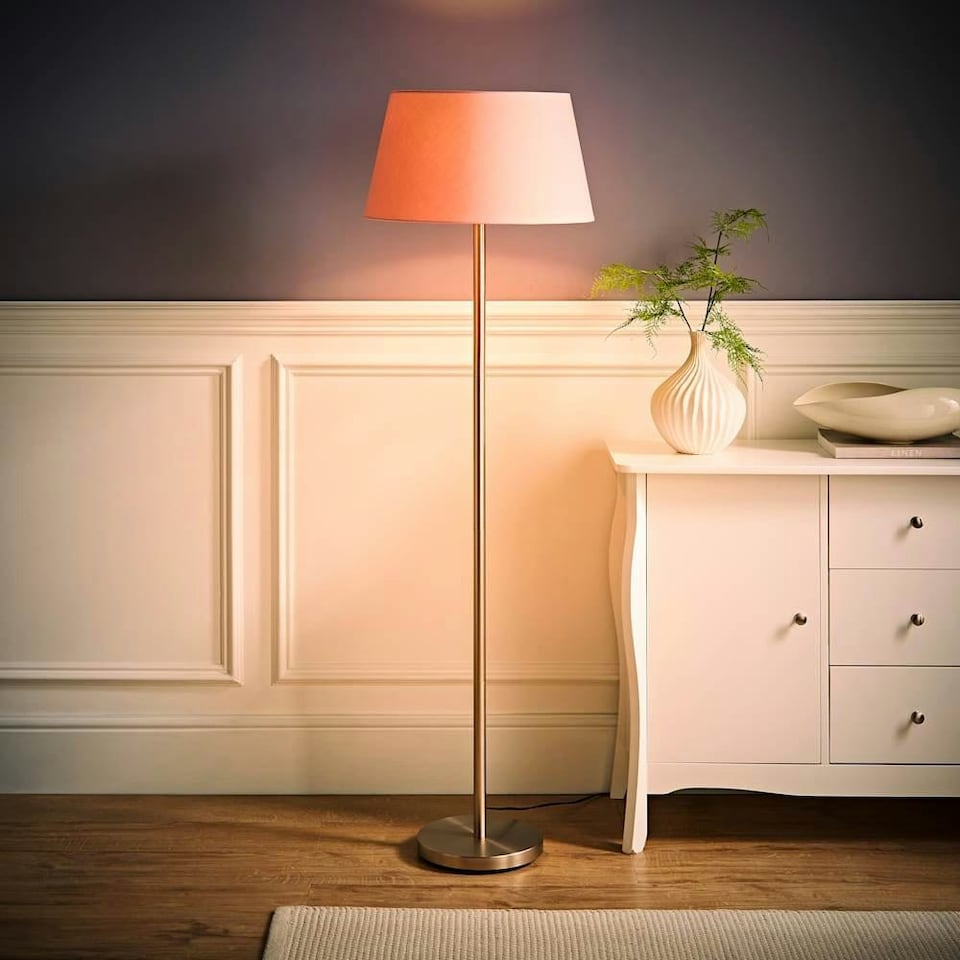 image 1 of ValueLights Modern Floor Lamp In Brushed Chrome Metal Finish With Extra Large Pink Shade