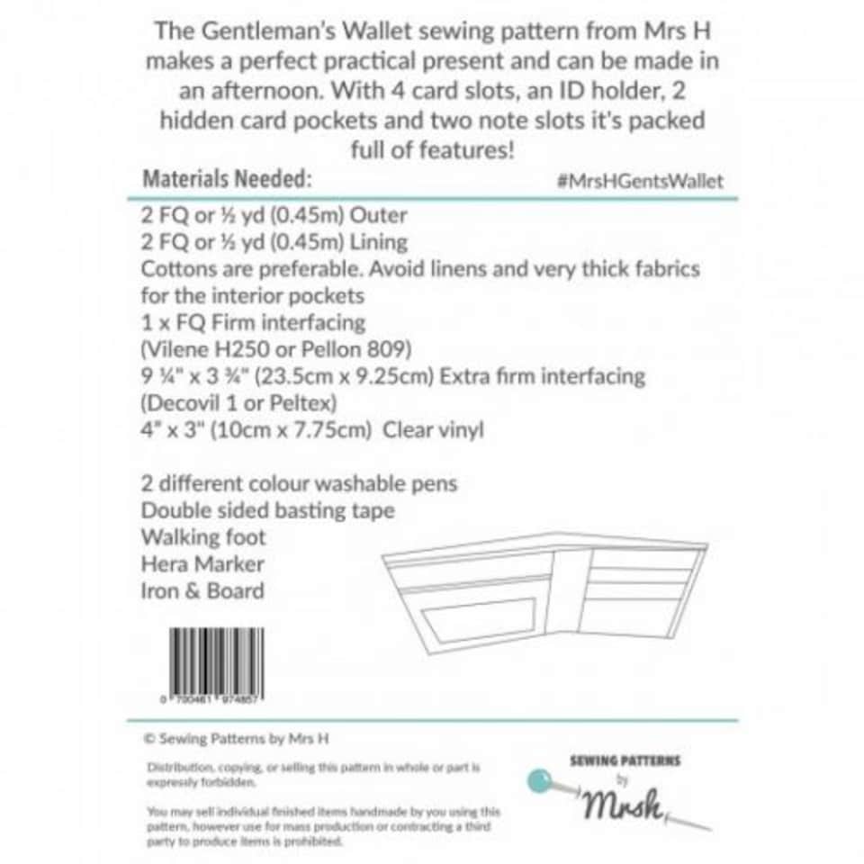 image 1 of Mrs H Patterns The Gentlemans Wallet Paper Sewing Pattern – Bag, Intermediate