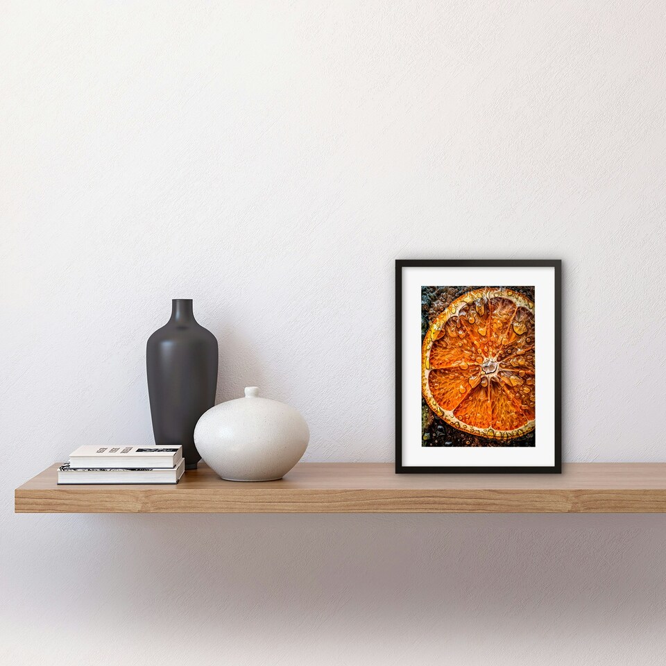 image 1 of Orange Slice Juice Droplets Macro Painting 9x7" Black Framed Wall Art Print