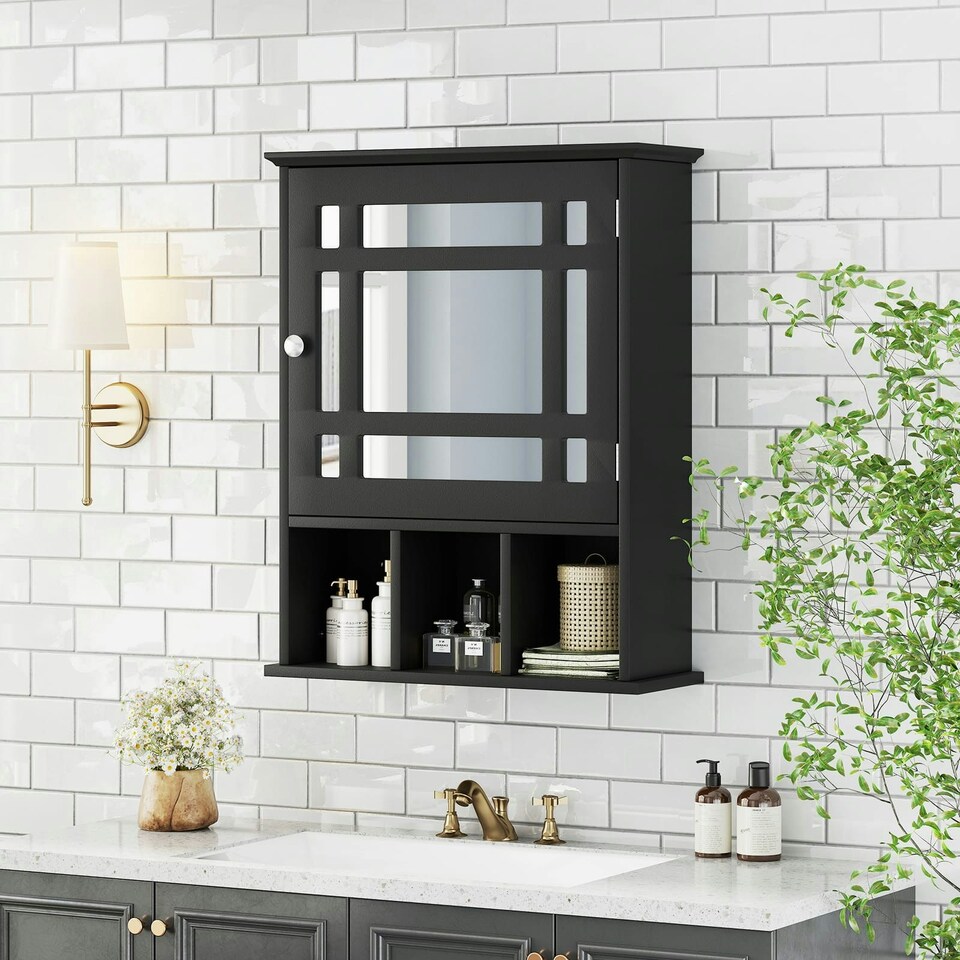 image 1 of COSTWAY Bathroom Wall Storage Cabinet Medicine Organizer Black Black