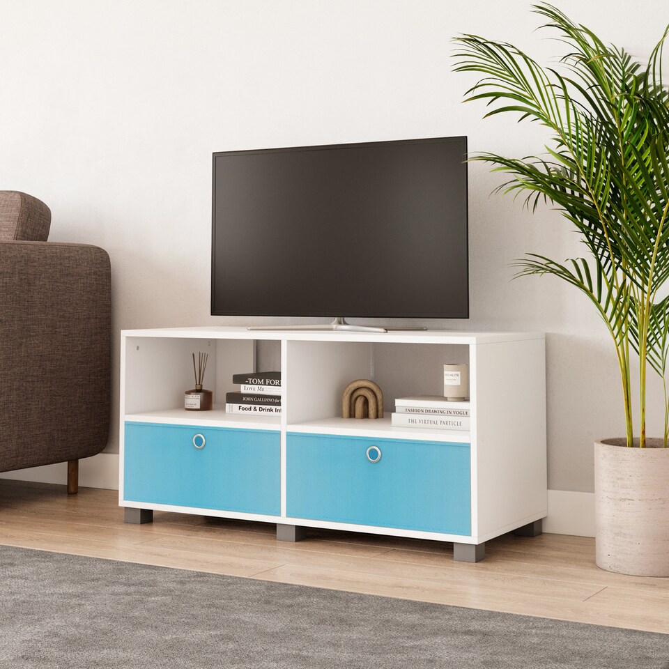image 1 of Black TV Stand with 2 Drawers | White | White & Sky Blue | 1
