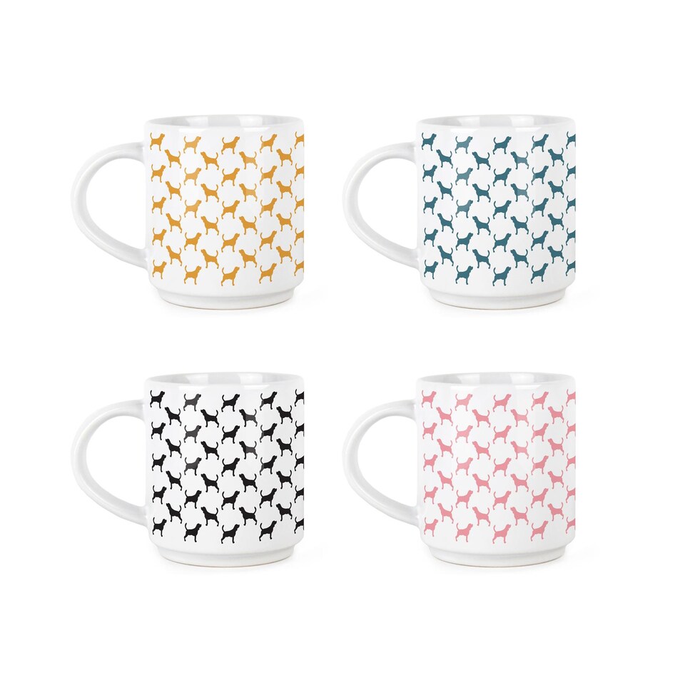image 1 of Beagle Stacking Mugs Set - Colourful Silhouettes Ceramic Cups Set of 4 with Metal Stand, Dog Gifts | White