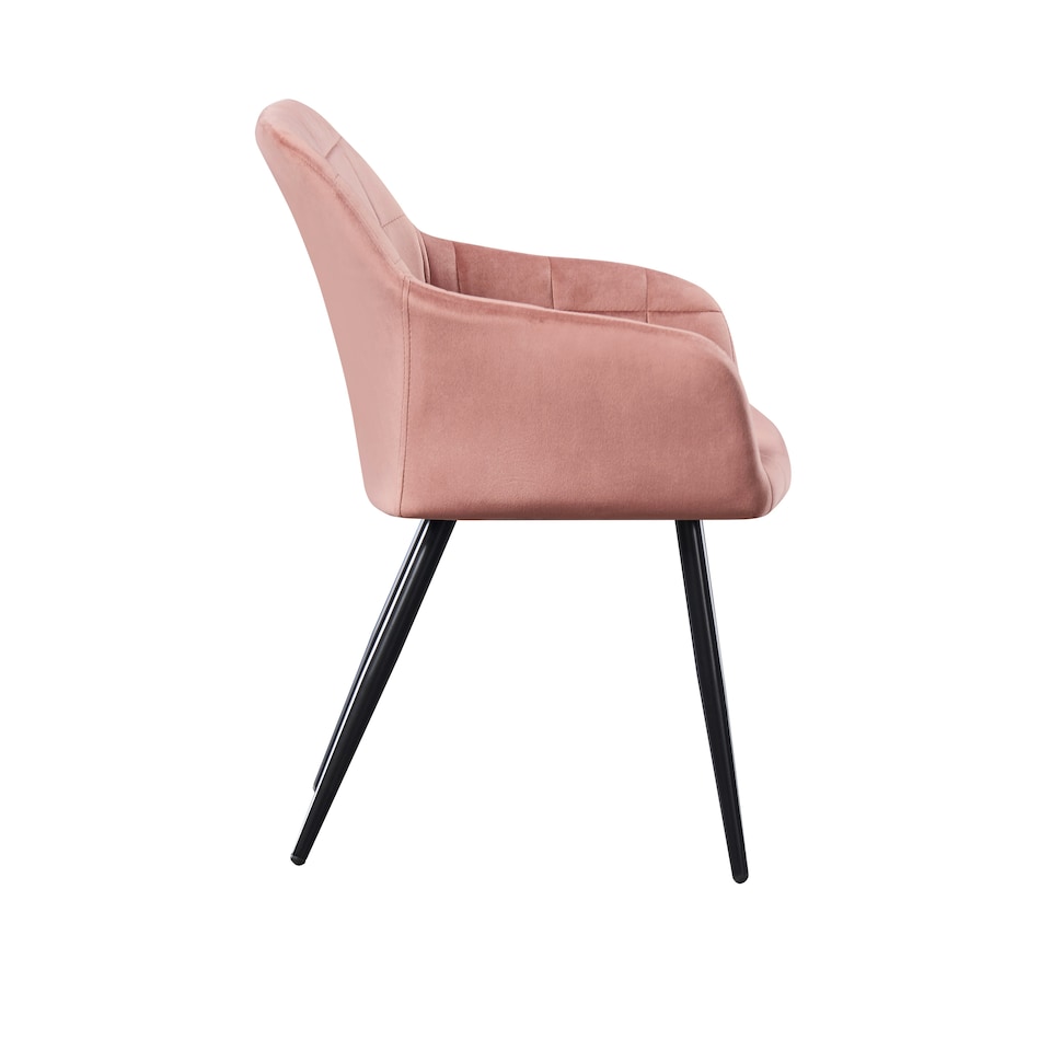 image 1 of Set of 4 Camden Modern Velvet Dining Chairs with Armrests, Quilted Design & Black Metal Legs Pink