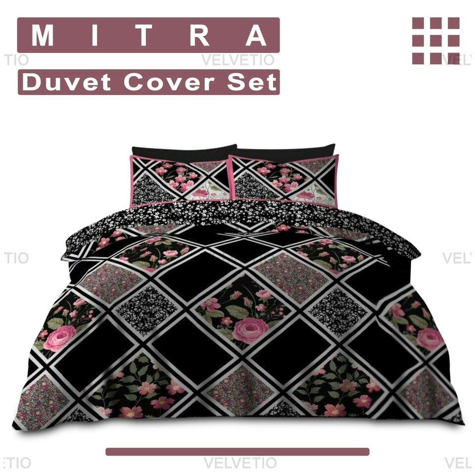 image 1 of VELVETIO Mitra Complete Duvet Cover Set with Fitted Sheet Soft Polycotton Bedding Sets Black | King