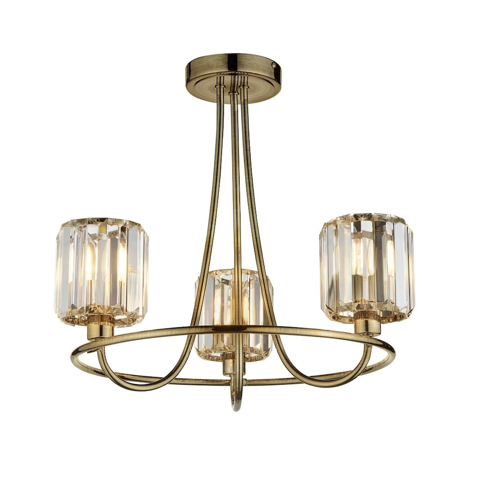 image 1 of Berenice 3 Light Multi Arm Glass Shade Semi Flush Ceiling Lamp Antique Brass