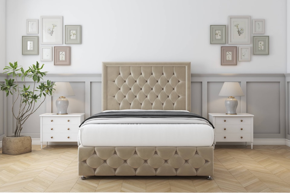image 1 of Sloomy Vienna Almond Coniston Divan Bed With Mattress 2 Drawers Right Side With 54" Floor Standing Headboard & 12" Matching Footboard 3' Single | Cream | Almond | Single | 1
