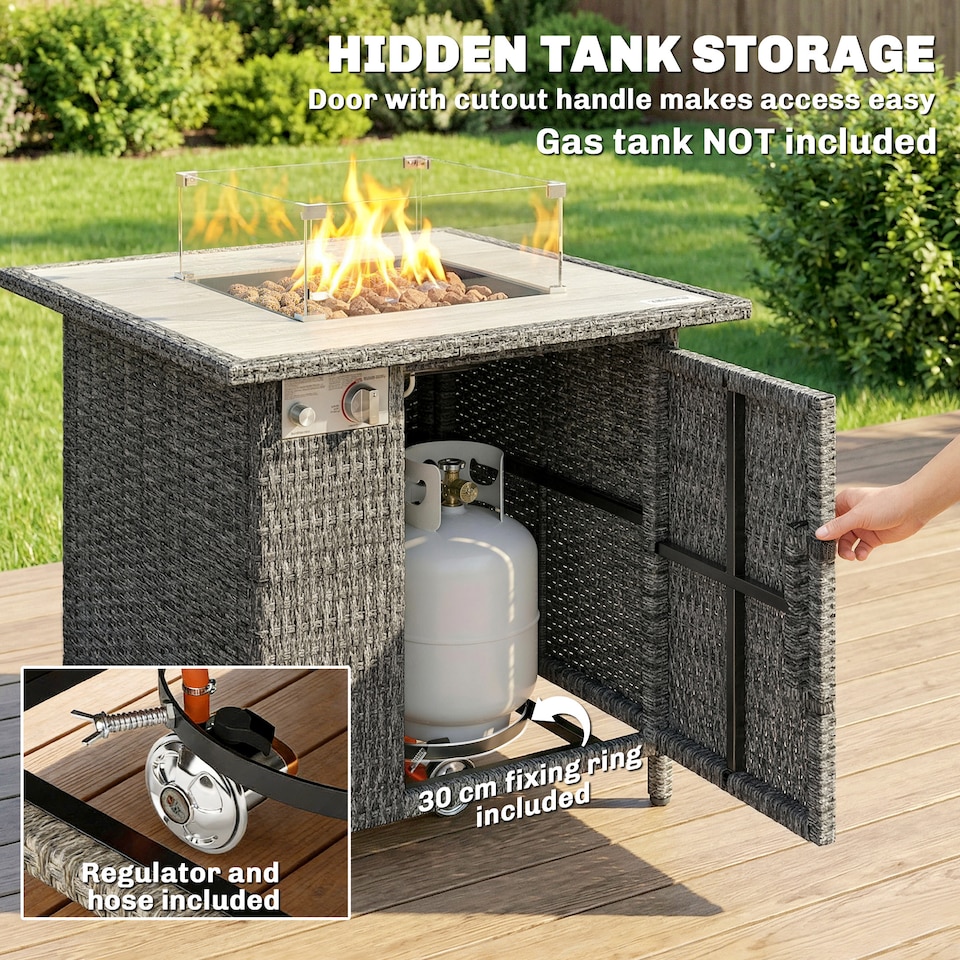 image 1 of Outsunny Rattan Gas Fire Pit Table with Rain Cover, Wind Guard, 14.5 KW | Grey | Dark Grey | 71 x 71 x 62 cm
