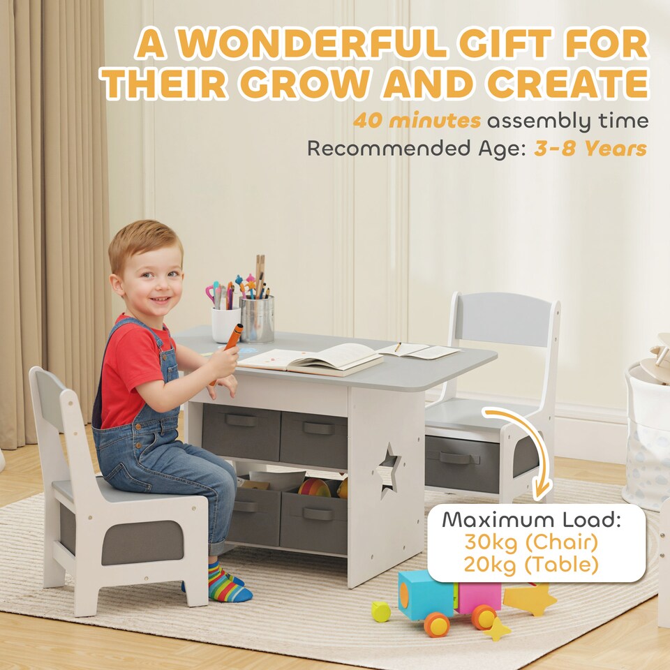 image 1 of AIYAPLAY Kids Table and Chair Set, Toddler Table and 2 Chairs Set with 6 Removable Drawers, for Boys Girls Ages 3-8, for Classroom, Daycares, Homes, Learning, Drawing, Dining, Light Grey
