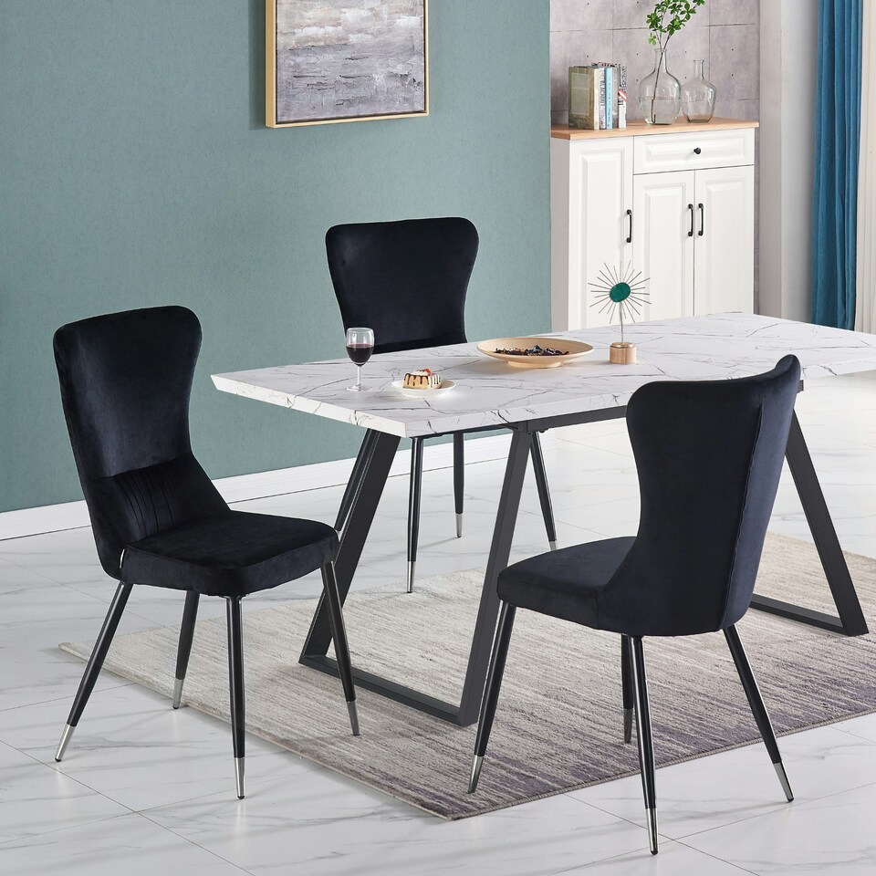 image 1 of Set of 4 New York Modern Velvet Dining Chairs with High Back, Black Metal Legs Black | Silver End Tips