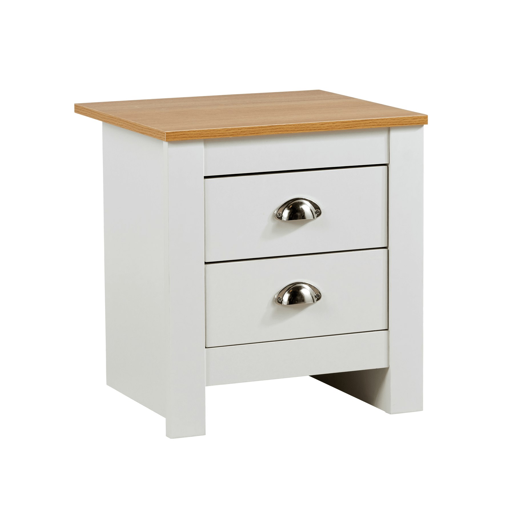 Bedside 2 Drawer Bedroom Furniture White Oak Top Metal Handles Wooden Nightstand