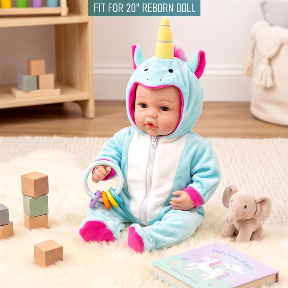 image 1 of BiBi Doll Reborn Baby Doll Clothes Blue Fluffy Unicorn Jumpsuit For 20" Dolls