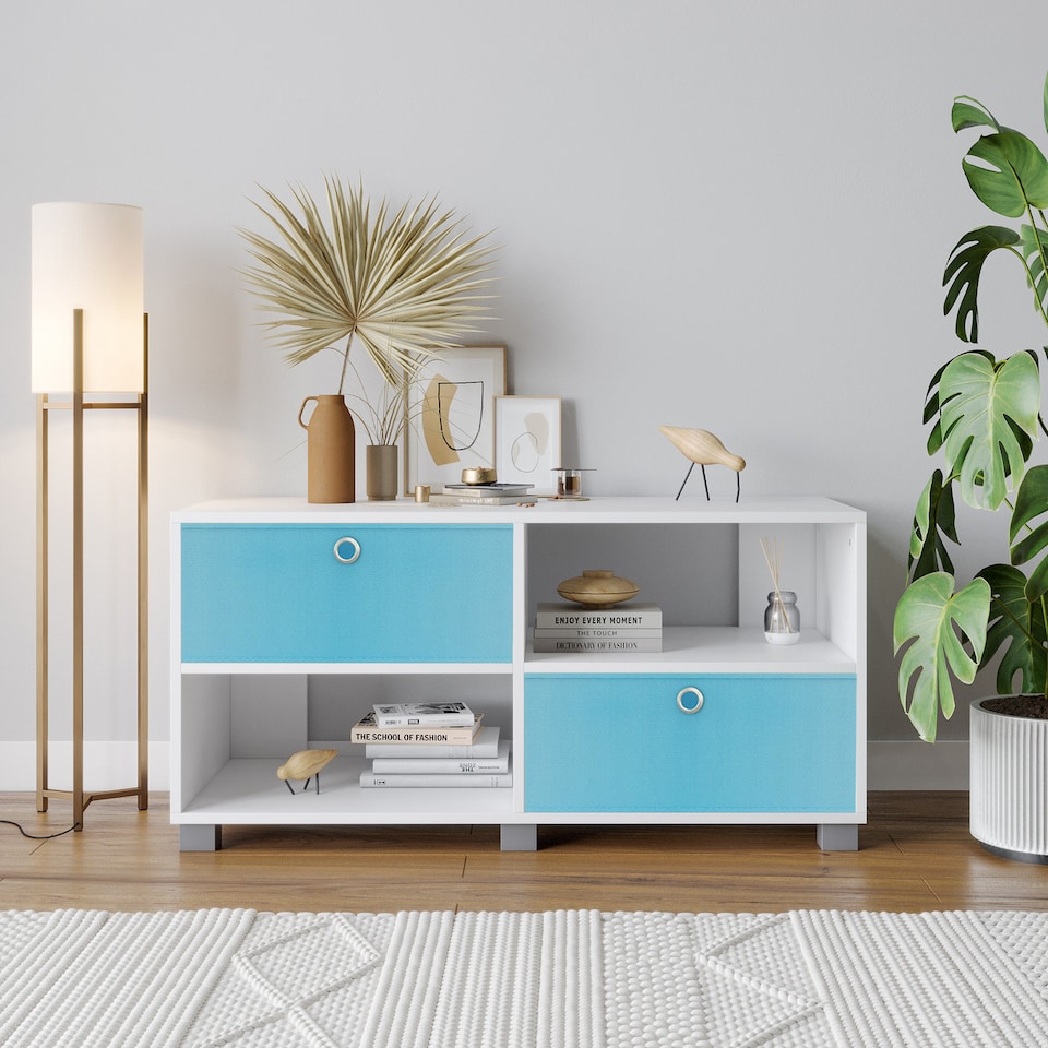 image 1 of Black TV Stand with 2 Drawers | White | White & Sky Blue | 1