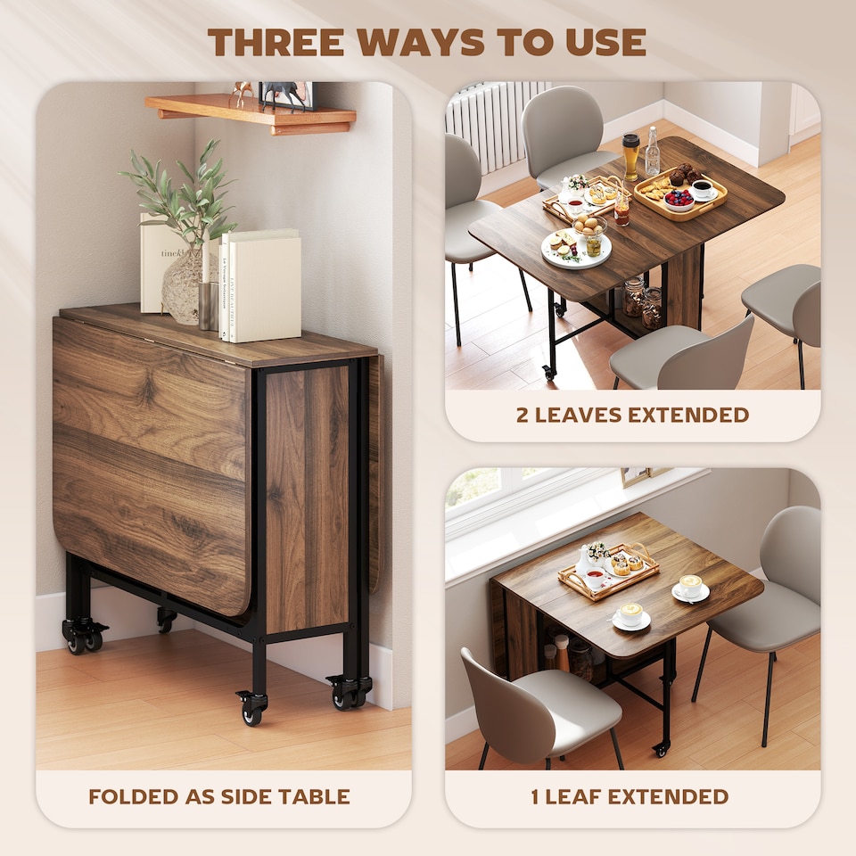 image 1 of HOMCOM Mobile Drop Leaf Table, Folding Dining Table with 6 Wheels & Storage Shelf for Small Spaces, Kitchen, Dining Room, Light Brown