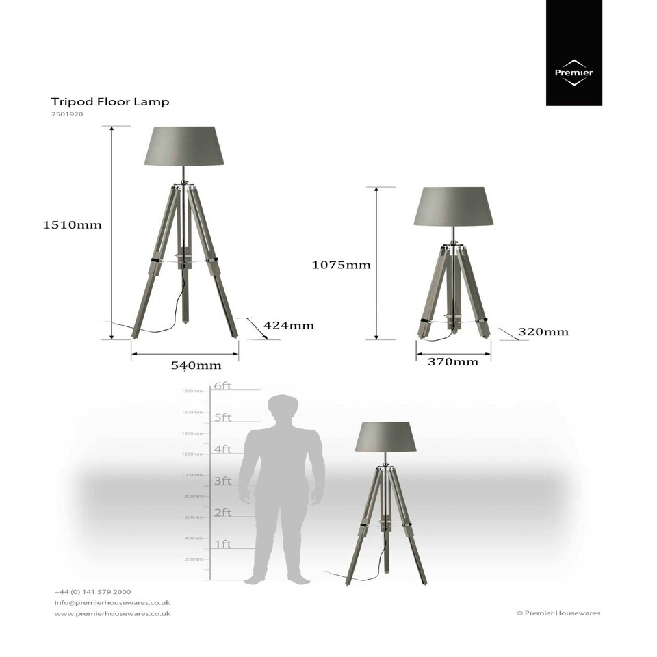 image 1 of Interiors by Premier Adjustable Floor Lamp with Chrome Accents, Natural Grey Wooden Tripod Legs, Contemporary Fabric Shade
