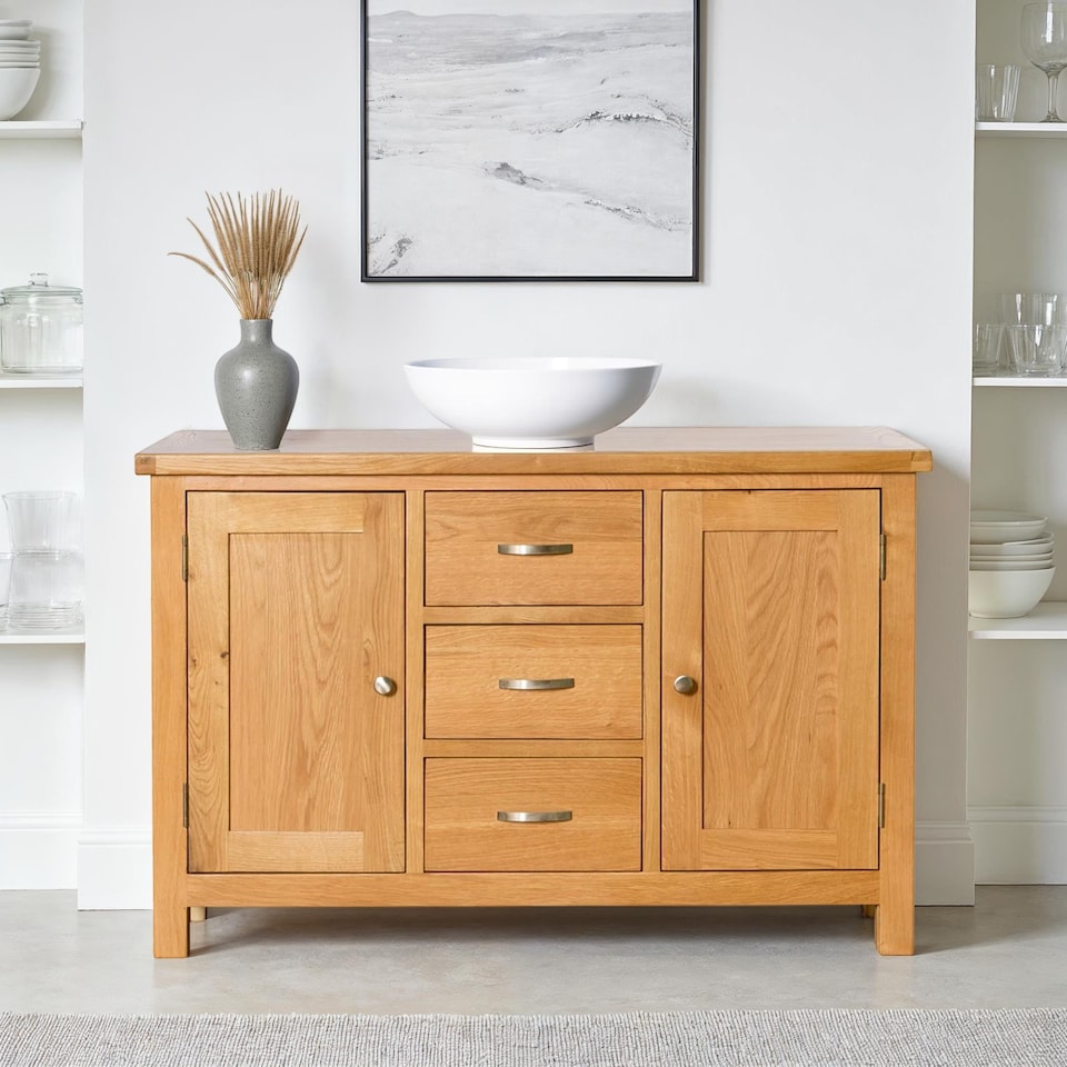 image 1 of London Oak 3 Drawer Sideboard Fully Assembled - By Roseland Furniture