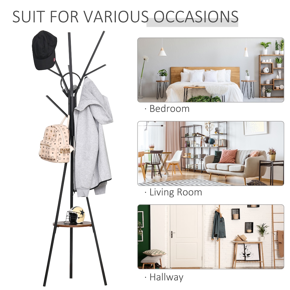 image 1 of HOMCOM Freestanding Metal Coat Rack Stand 9 Hooks Clothes Tree with 1 Shelf Hat Display Hall Tree Hanger Bag Umbrella Hanging Organiser Brown