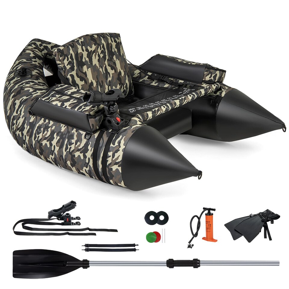 image 1 of COSTWAY Fishing Float Tube V-Shaped Inflatable Float Tube w/Rod Holder