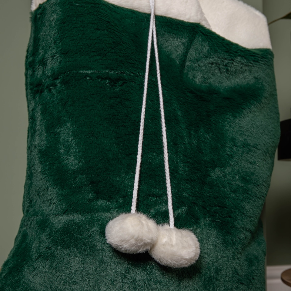 image 1 of 80x55cm Green Christmas Sack with White Cuff and Pom Poms