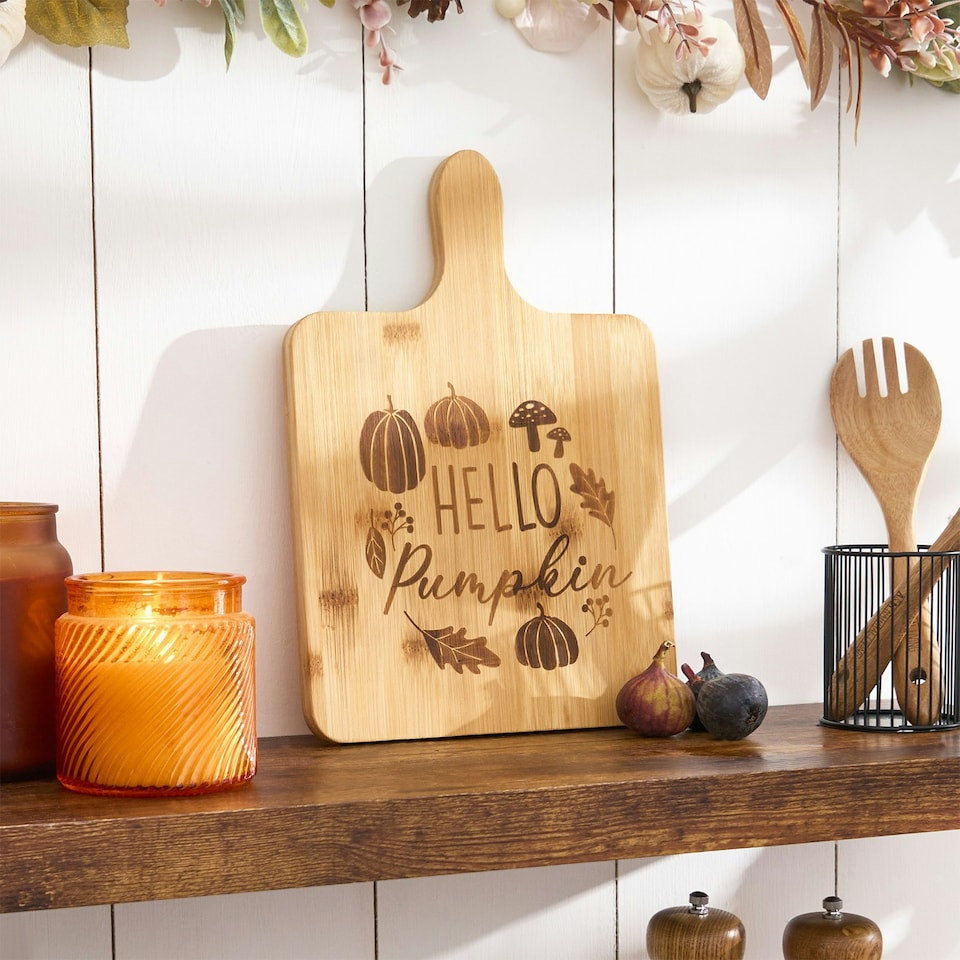 image 1 of OHS Hello Autumn Fall Halloween Pumpkin Decor Bamboo Thick Wooden Cutting Board Serving Platter Tray Brown | Natural