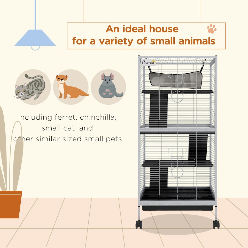 image 1 of PawHut Rolling Small Animal Cage for Chinchillas Ferrets Kittens W/ Ramp Grey