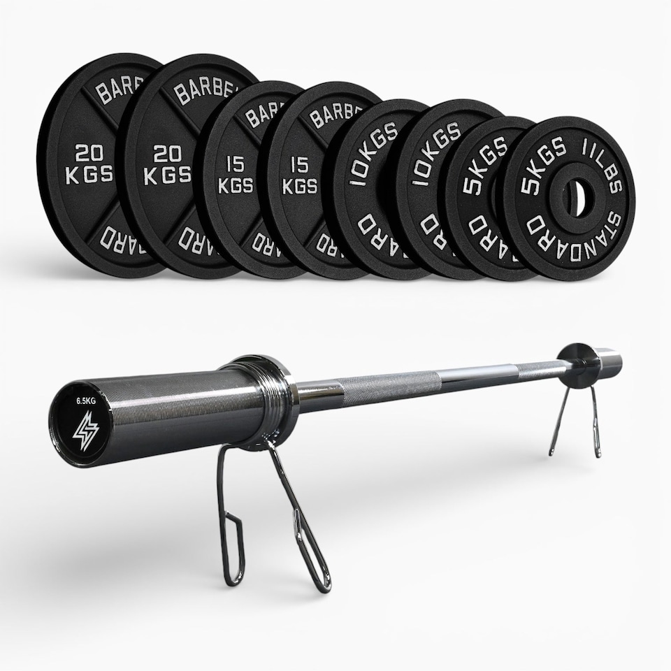 image 1 of GYM SETS  Cast Iron Weight Plates | 100kg Set / With 4ft Barbell + Clips