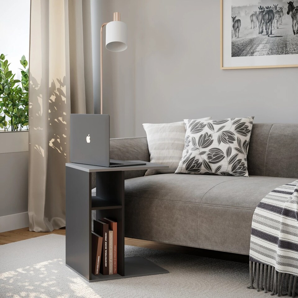 image 1 of C-Shape Side Wooden Table End Coffee Bedside Nightstand Laptop Snack Living Room | Multi | Grey/Black