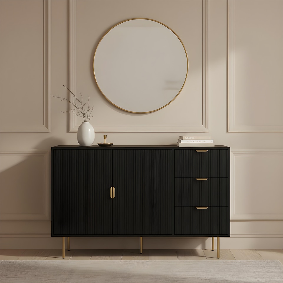 image 1 of OHS Ribbed Sideboard Table Modern Drawer Shelf Cabinet Storage | Black