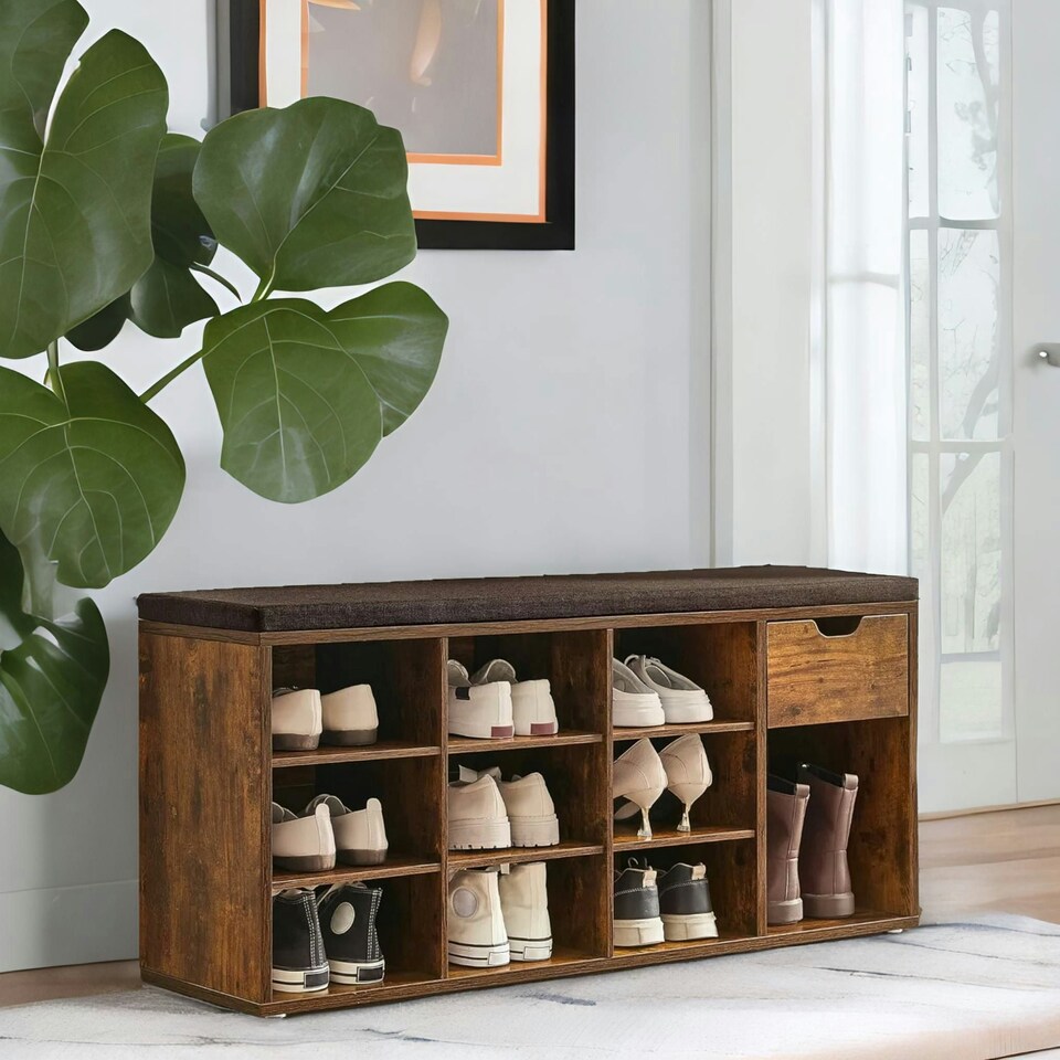 image 1 of 10 Compartment Shoe Storage Bench Industrial Rustic Brown Brown