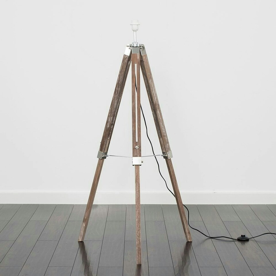 image 1 of ValueLights Modern Distressed Wood And Silver Chrome Tripod Floor Lamp Base | Brown