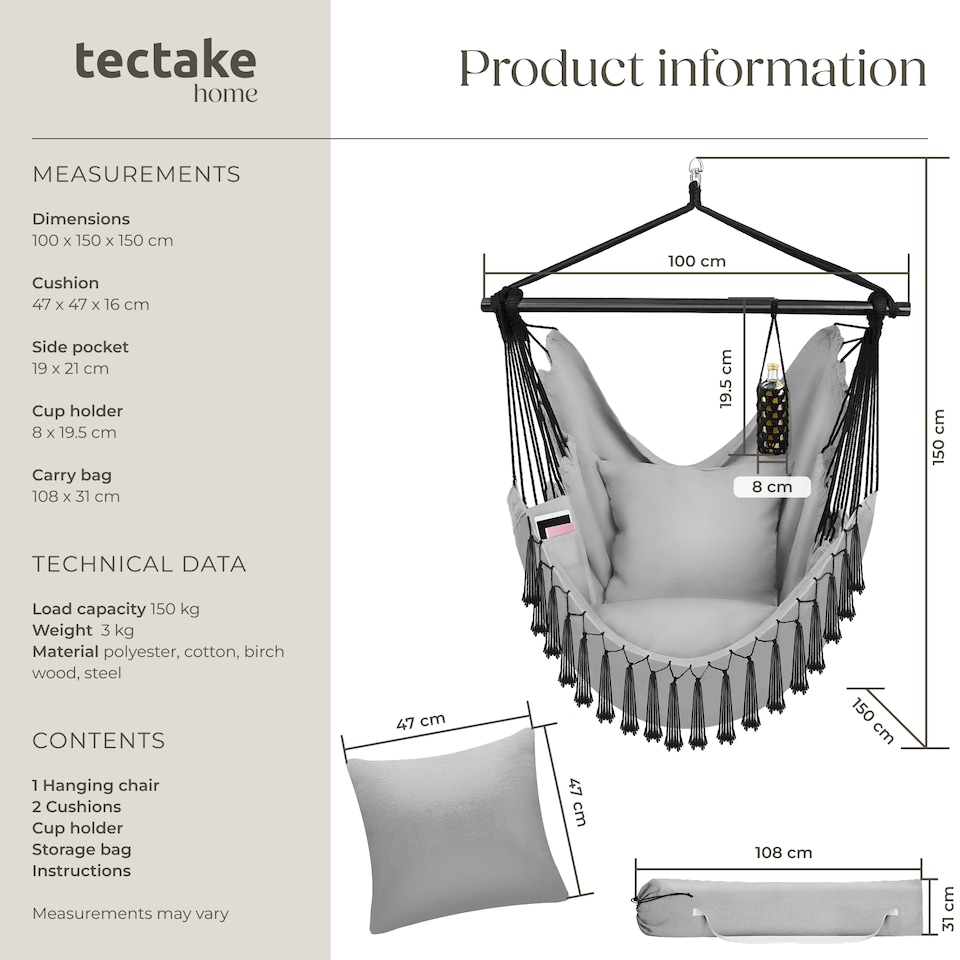 image 1 of Hanging Chair Malika, Boho Style, Load Capacity 150kg | Grey | grey | One Size | 1