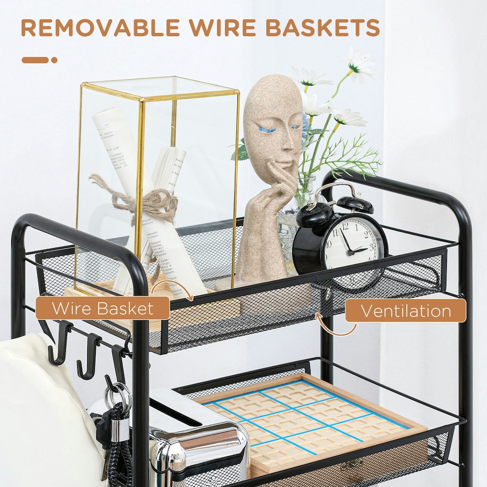 image 1 of HOMCOM 5 Tier Utility Rolling Cart with Removable Mesh Baskets, Black