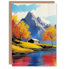 Lakehouse Cottage Mountain Lake Autumn Landscape Birthday Greeting Card