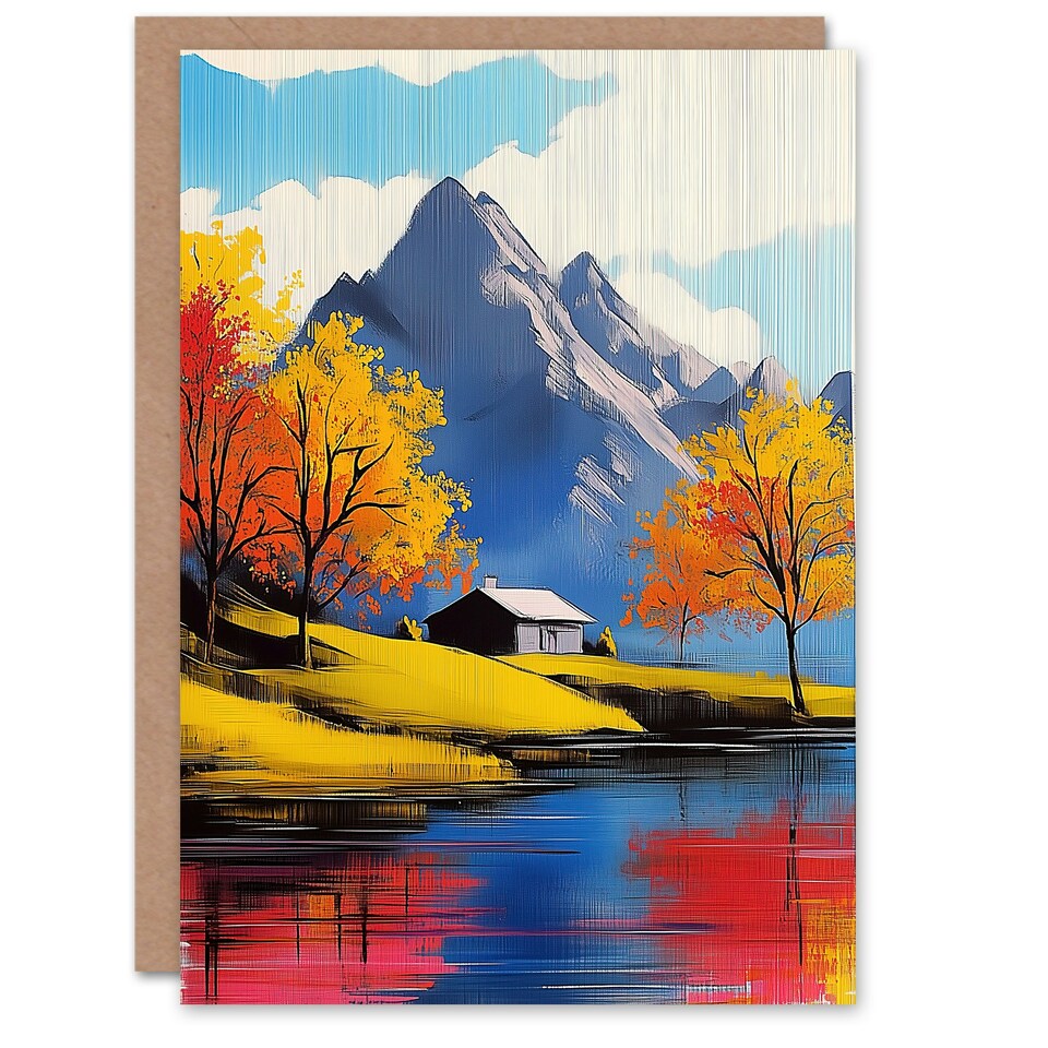 image 1 of Lakehouse Cottage Mountain Lake Autumn Landscape Birthday Greeting Card
