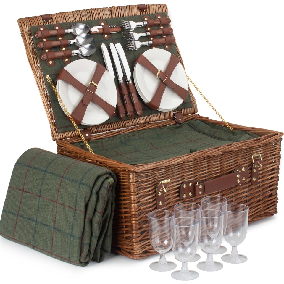 image 1 of 6 Person Green Tweed Classic Picnic Basket