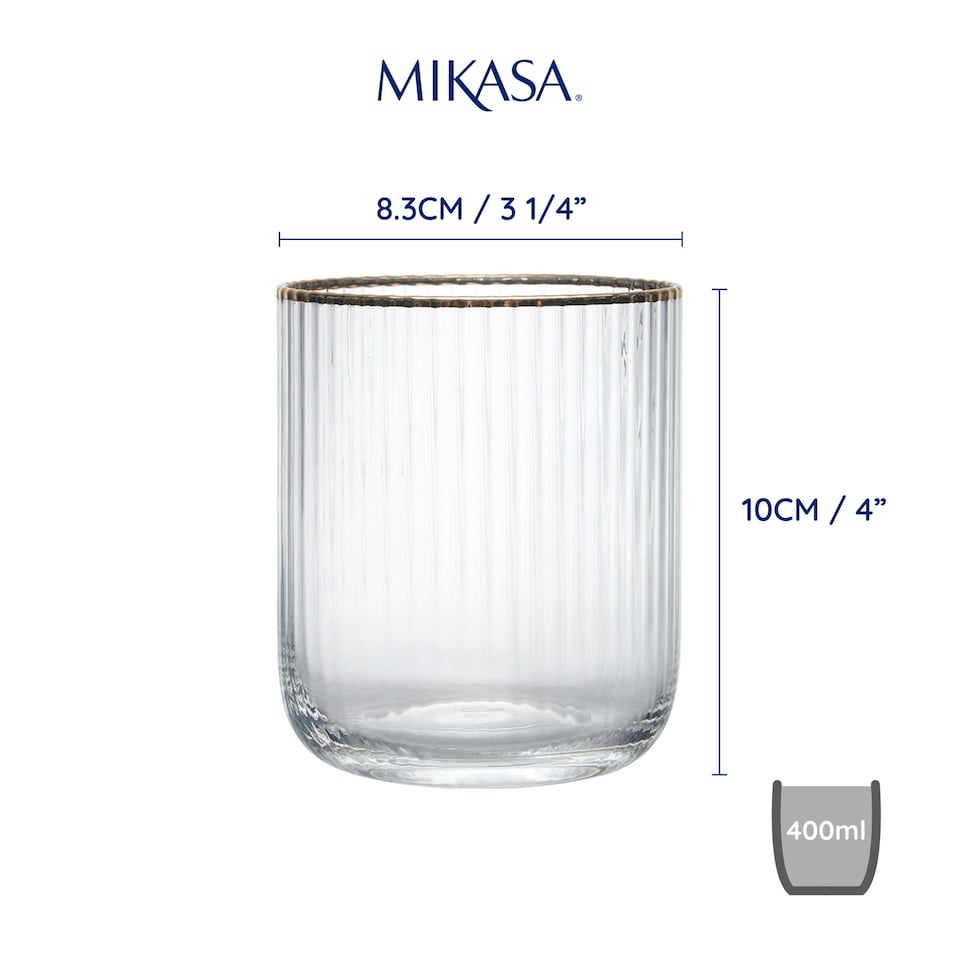 image 1 of Mikasa Tumbler Glasses Set Clear Ridged Crystal 380ml Set of 4