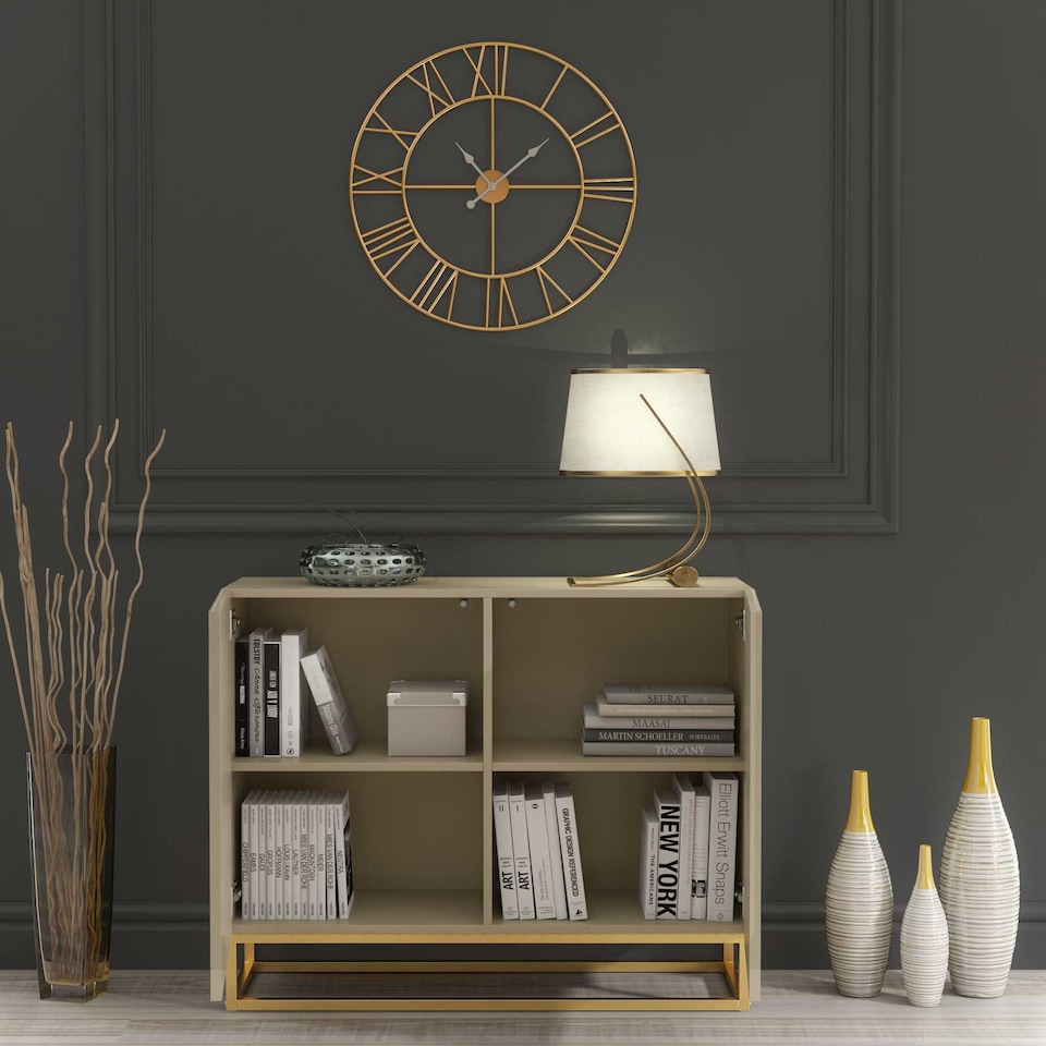 image 1 of Sideboard Cabinet Storage Cupboard Fluted Doors Cashmere Matt Gold Metal Legs Living Dining Room Hallway Furniture 100cm