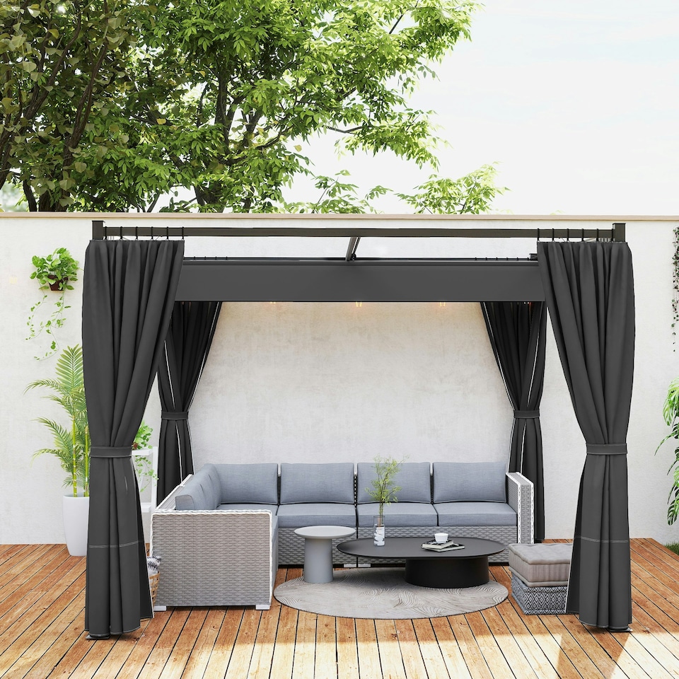 image 1 of Outsunny 3 x 3(m) Pergola with Retractable Roof and Curtains, Charcoal Grey