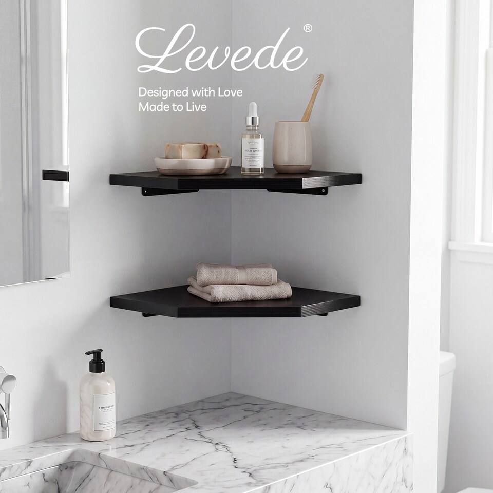 image 1 of Levede 2 Pack Wooden Floating Corner Shelves with Cable Cut Out