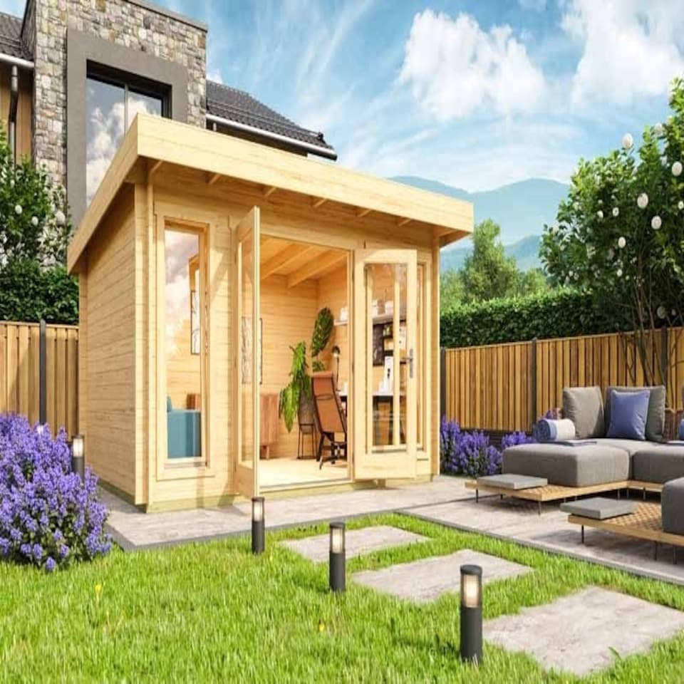 image 1 of Dorset 2-Log Cabin, Wooden Garden Room, Timber Summerhouse, Home Office - L430 x W370 x H239.4 cm Brown