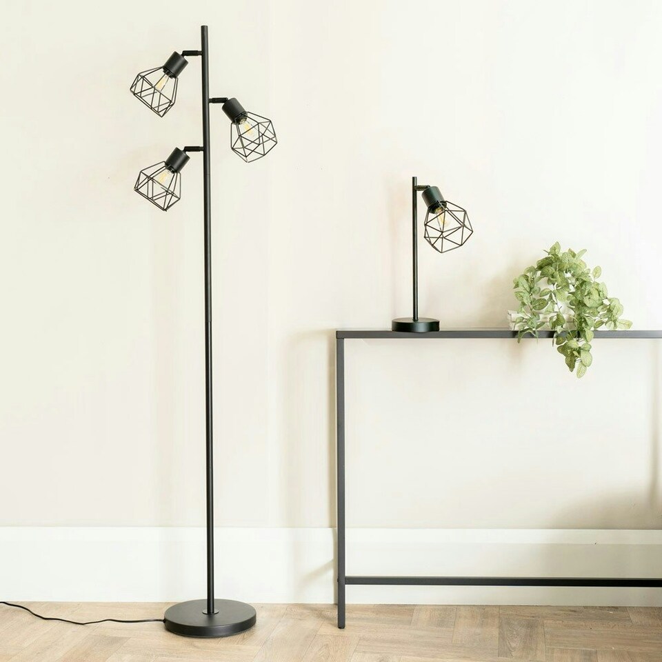 image 1 of ValueLights Angus Matte Black Metal Geometric Basket Shade Table Lamp with LED Bulb